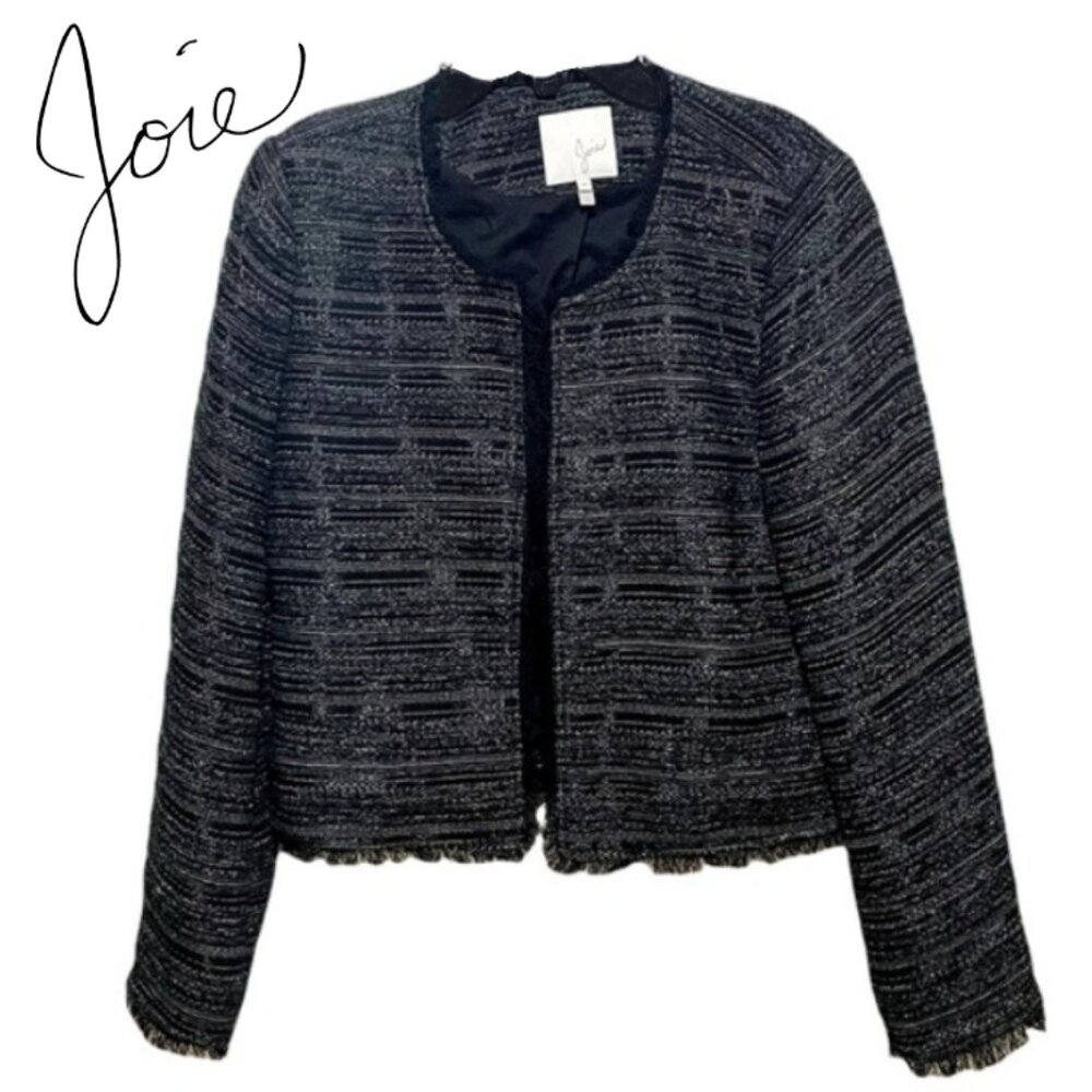 𝓙𝓸𝓲𝓮 Women's Fringe-Trim Tweed Blazer Black/Gray (Size M)